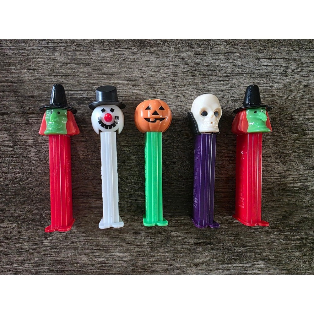Vintage PEZ Dispenser Lot Halloween Witch Pumpkin Skull Snowman Set of 5